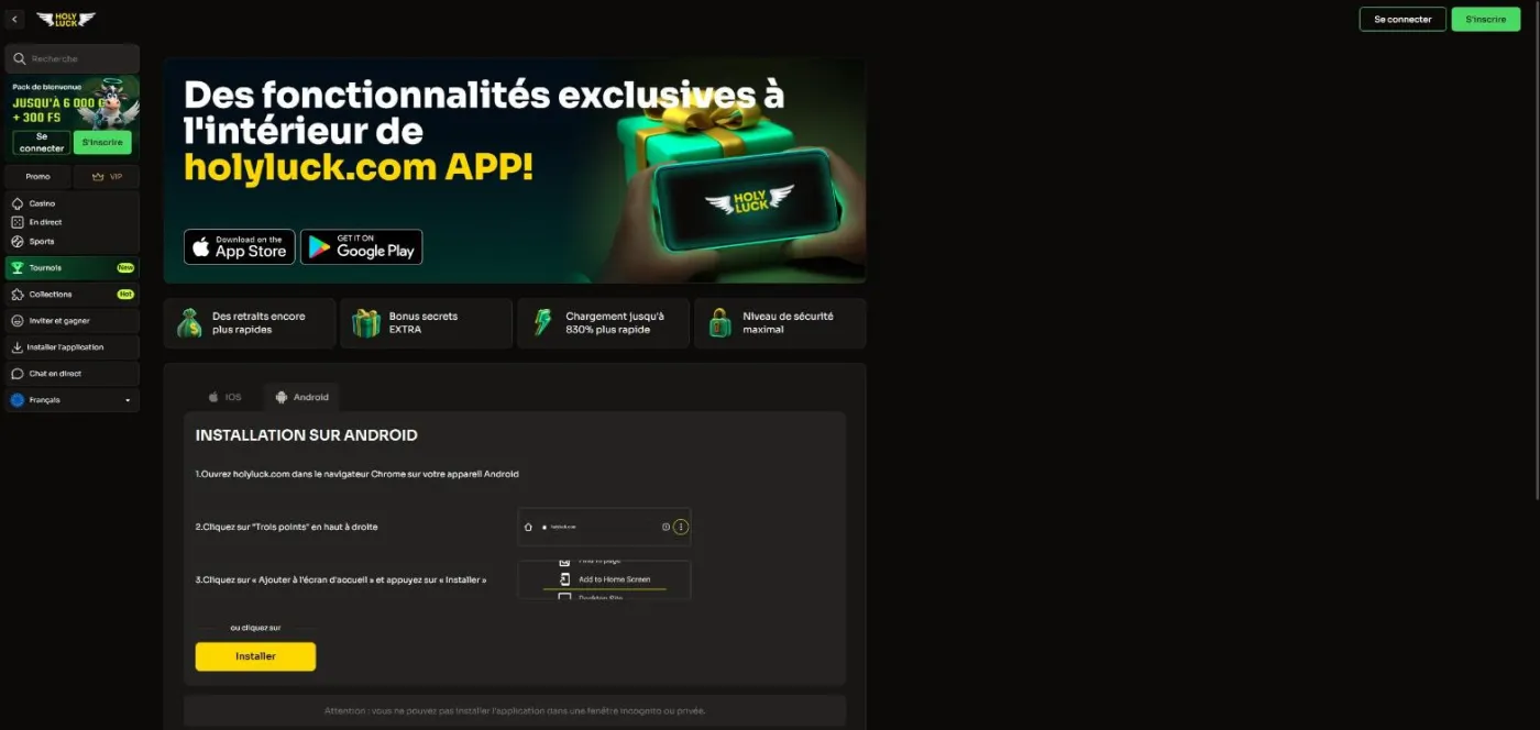 Onglet Android de l'instruction avec le menu trois points et le bouton jaune Installer