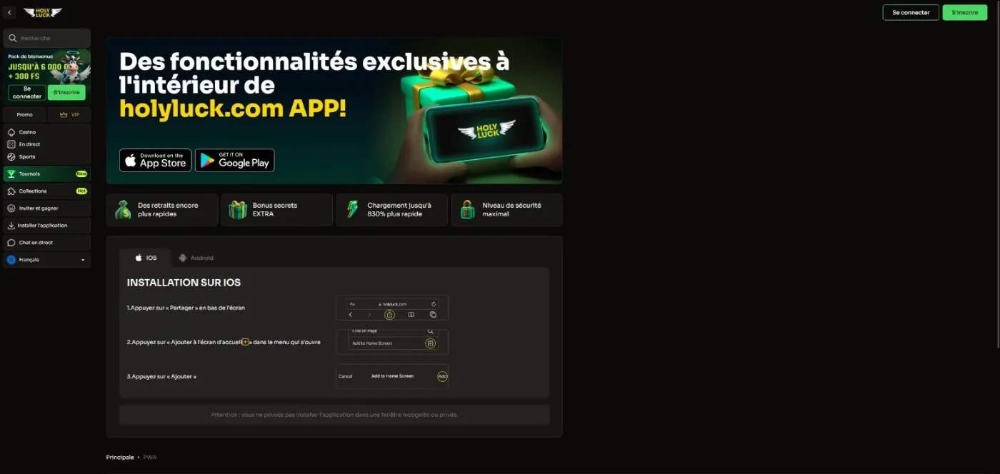 Page Instruction de l'application avec les badges des stores et les quatre avantages annoncés