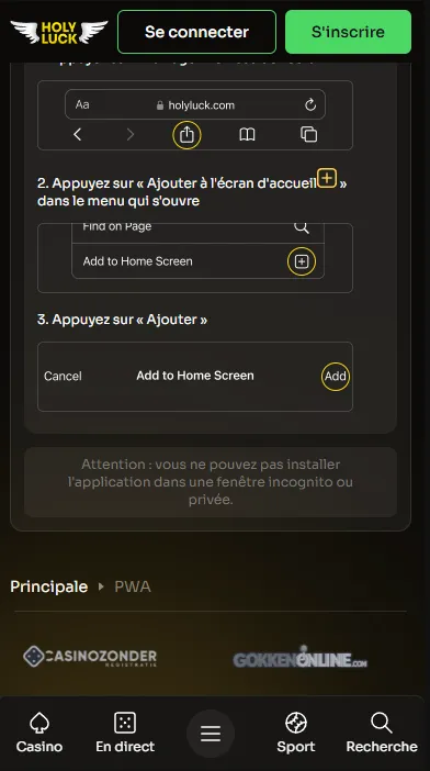 Étapes d'installation sur iPhone : Partager, Ajouter à l'écran d'accueil puis Ajouter