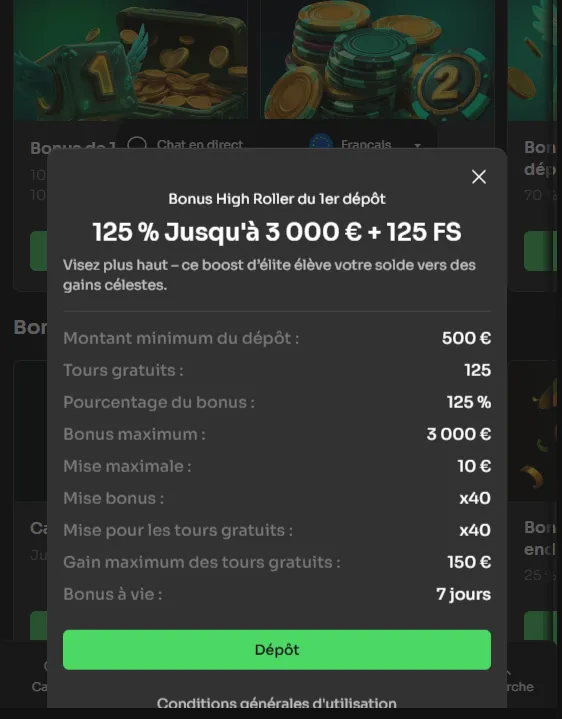Fiche du Bonus High Roller du 1er dépôt avec un dépôt minimum de 500 € et une mise maximale de 10 €