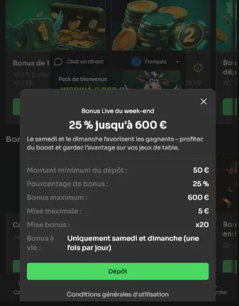 Conditions du Bonus Live du week-end : 25 % jusqu'à 600 € le samedi et le dimanche