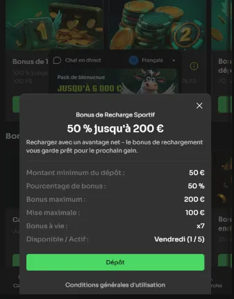 Conditions du Bonus de Recharge Sportif : 50 % jusqu'à 200 € le vendredi