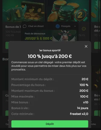 Fiche du 1er bonus sportif : 100 % jusqu'à 200 € avec un wager x10