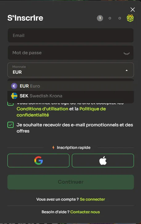 Liste déroulante Monnaie du formulaire HolyLuck avec les choix EUR Euro et SEK