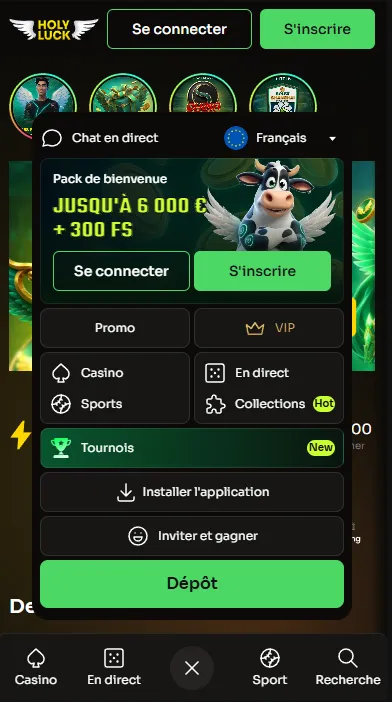 Menu mobile HolyLuck avec le bouton Chat en direct en haut de la liste