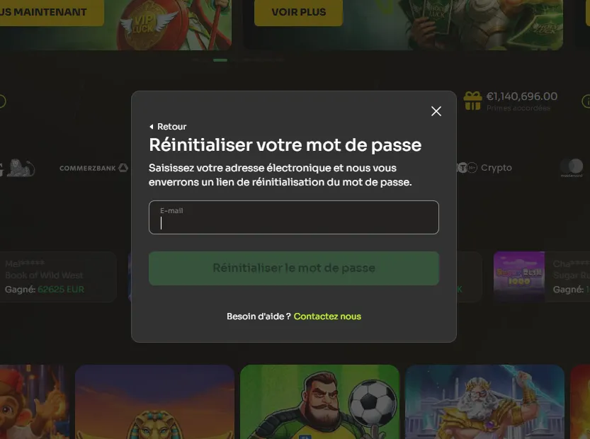 Fenêtre HolyLuck de réinitialisation du mot de passe par e-mail