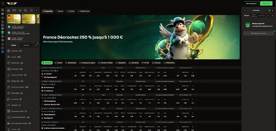 Rubrique Sports avec les onglets Populaires, Direct, À venir, Prédictions et le coupon de paris