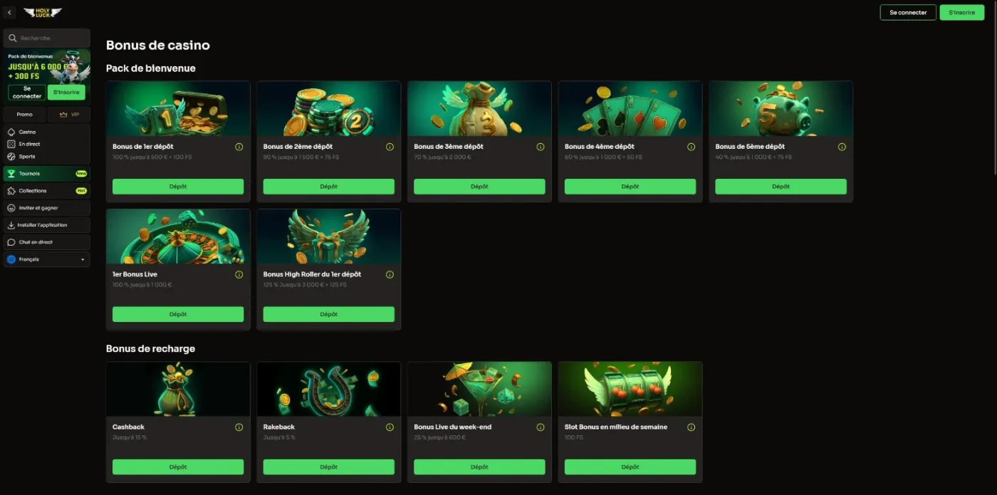 Page des bonus de casino HolyLuck avec les cartes du pack de bienvenue, du 1er Bonus Live et du Bonus High Roller