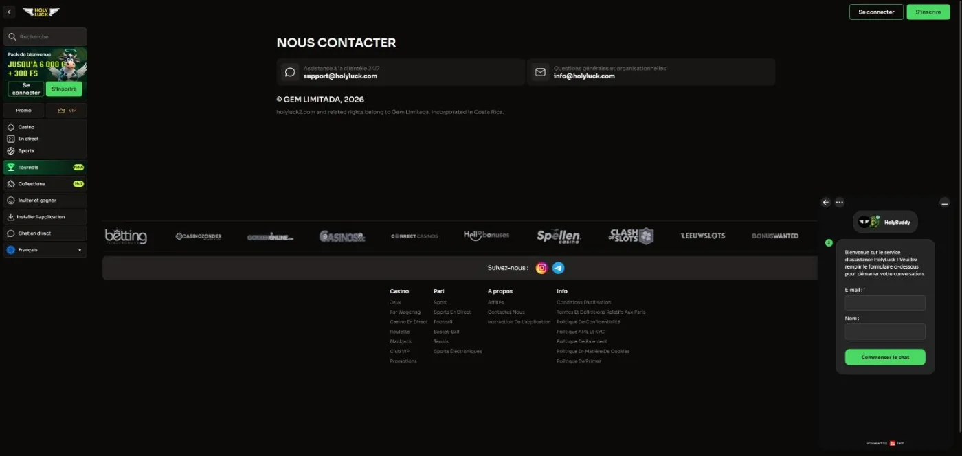 Page Nous contacter de HolyLuck avec les adresses support et info et la fenêtre du chat ouverte