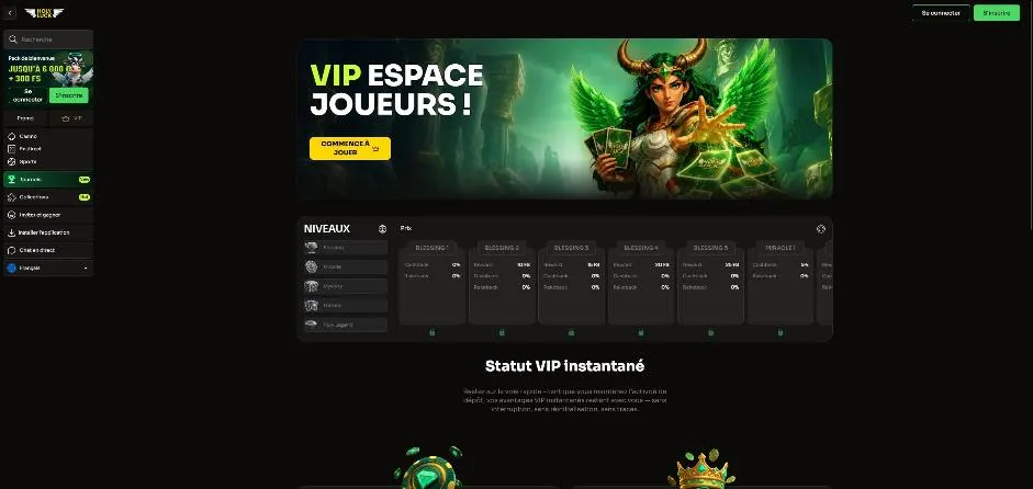 Page du programme VIP avec les niveaux de statut et le statut VIP instantané
